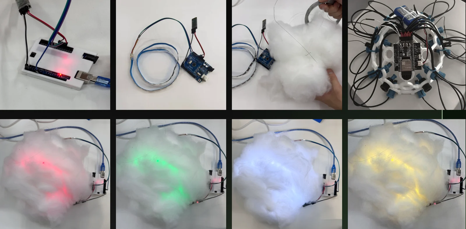 Cotton cloud prototypes lit red, green, blue and yellow