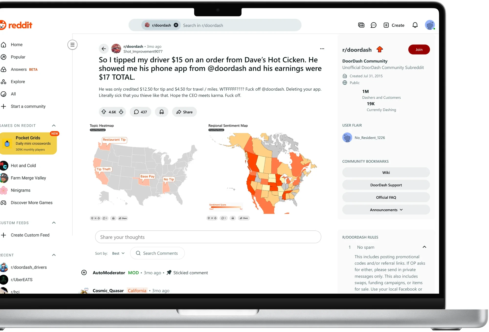Reddit thread on desktop with Topic Heatmap and Regional Sentiment Map