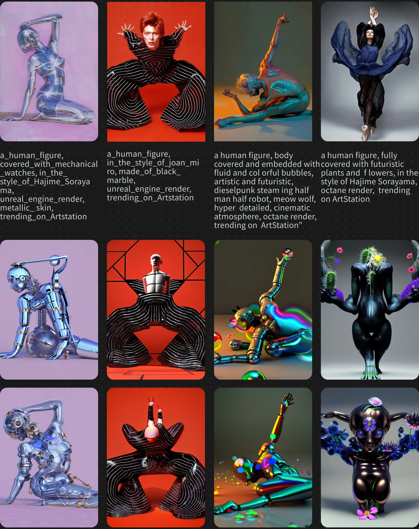 Grid of Stable Diffusion figure experiments with their prompts