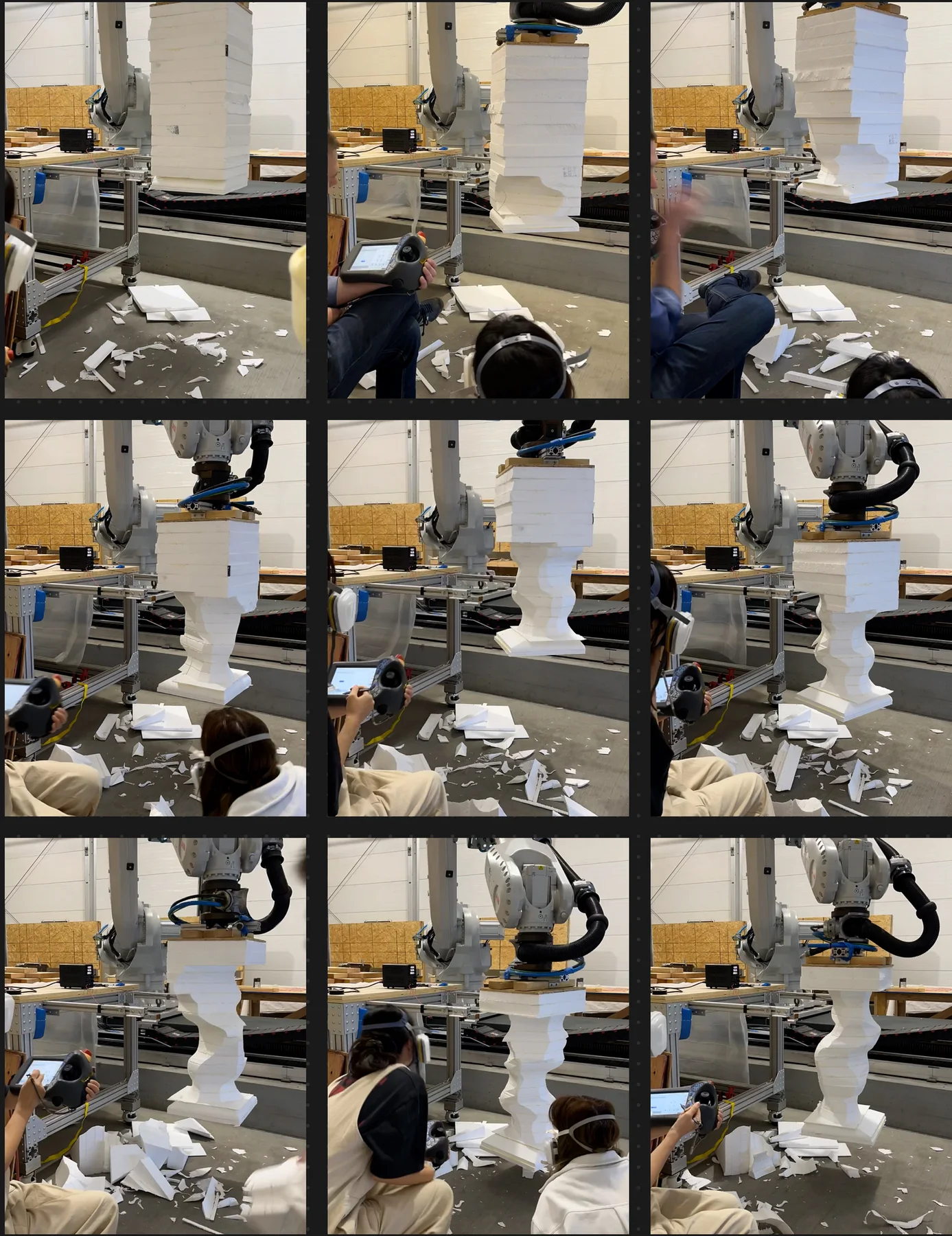 Robot hot-wire cutting a foam column