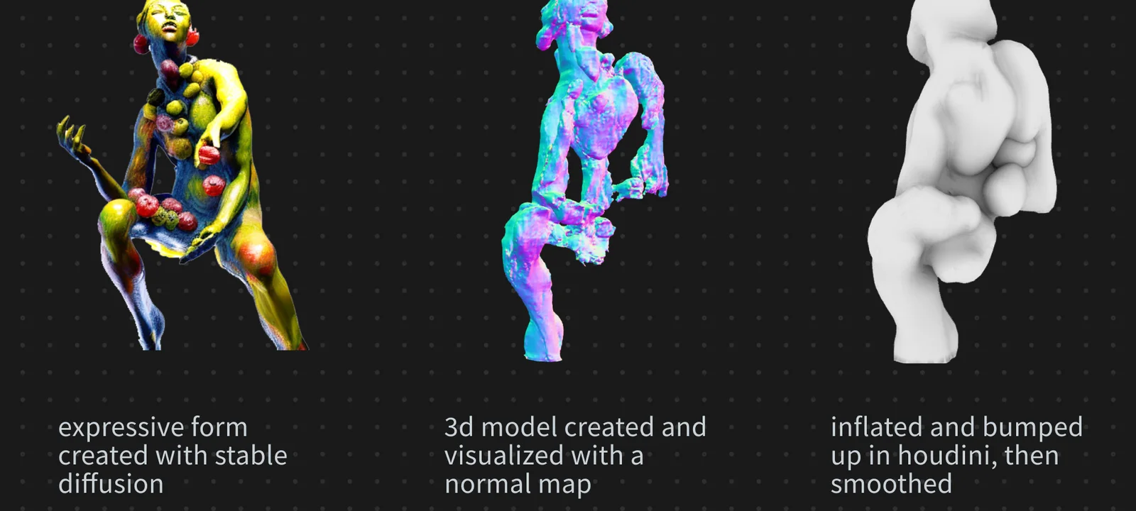AI figure, 3D normal-map model, and inflated smoothed form