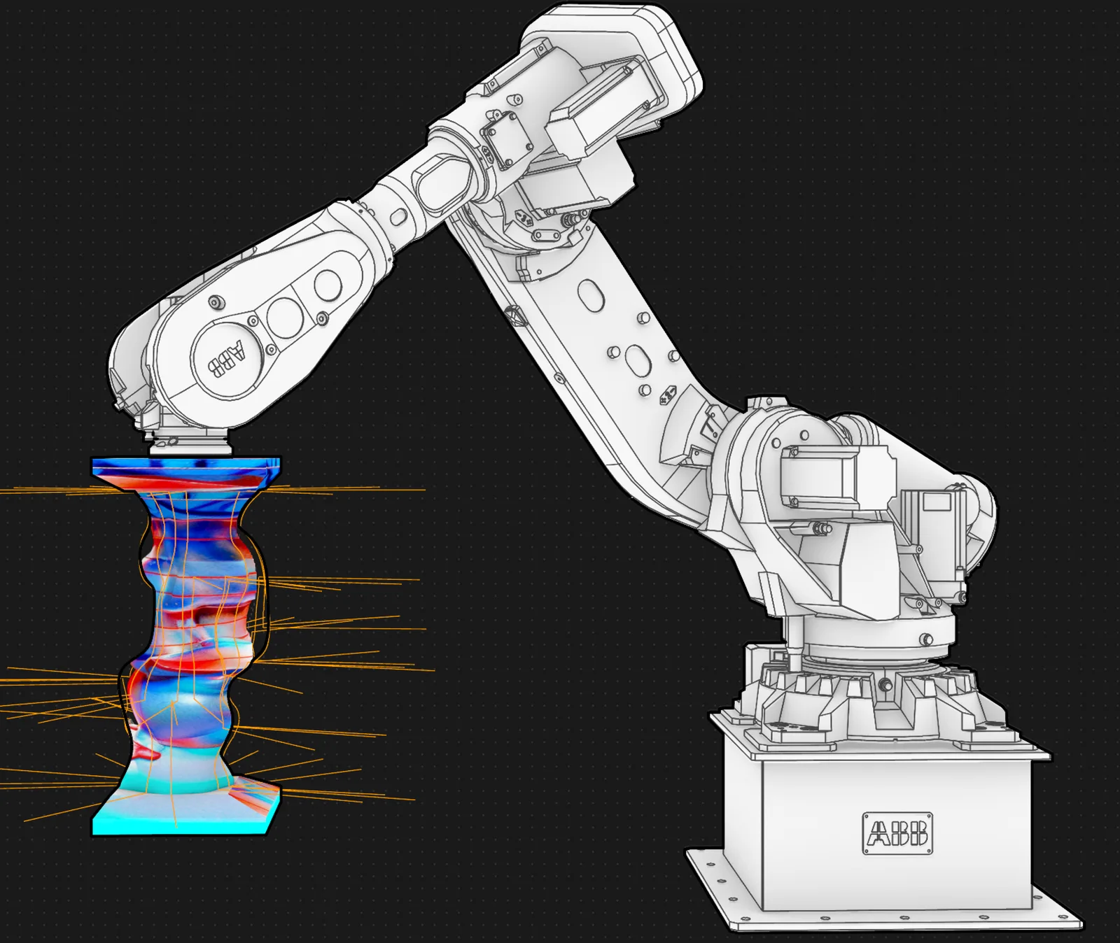 ABB robot arm next to a twisted column with generated cutting paths