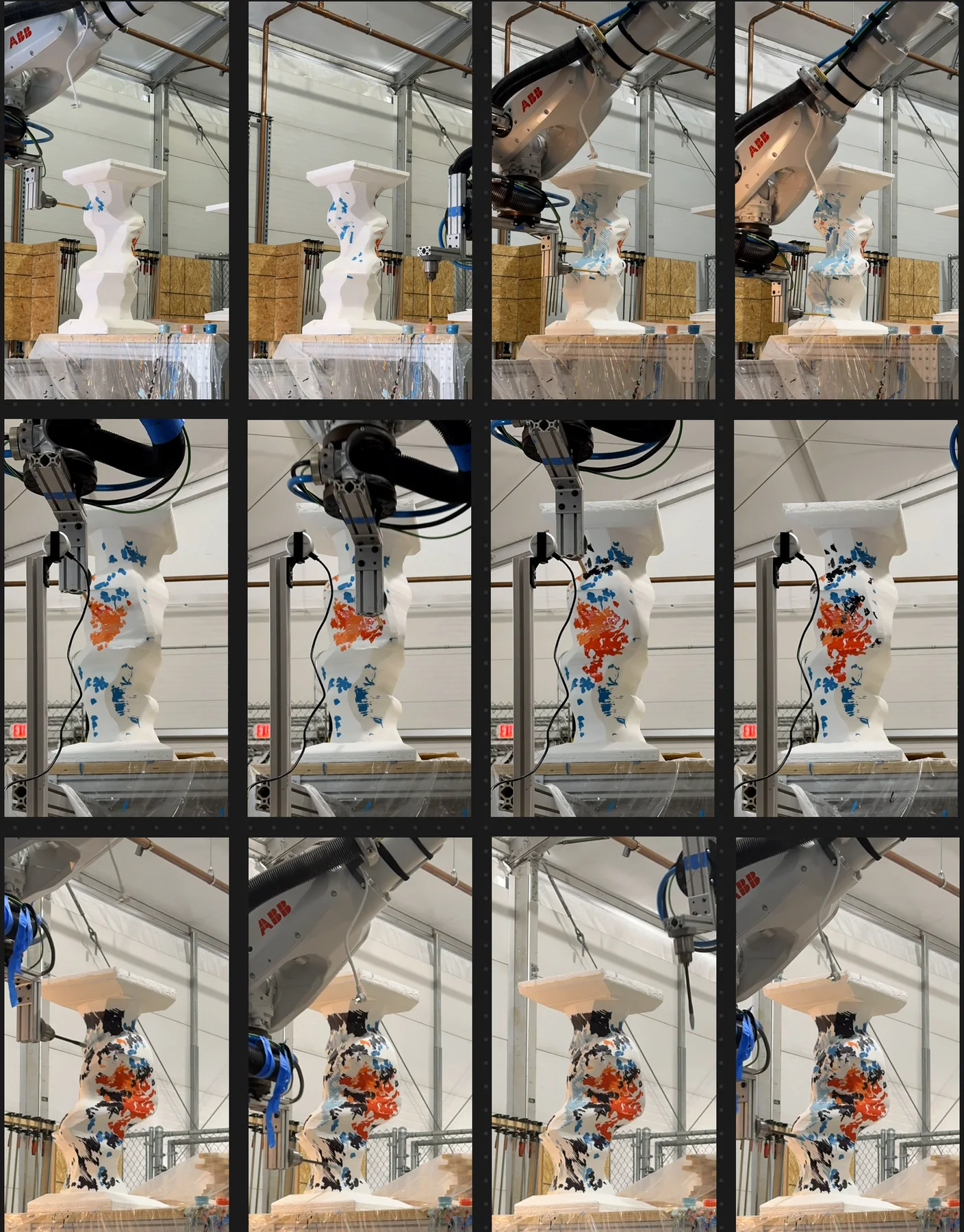 Robot painting strokes onto a foam column